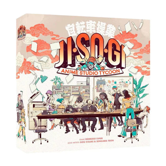 JISOGI Anime Studio Tycoon strategy board game box featuring anime studio production artwork