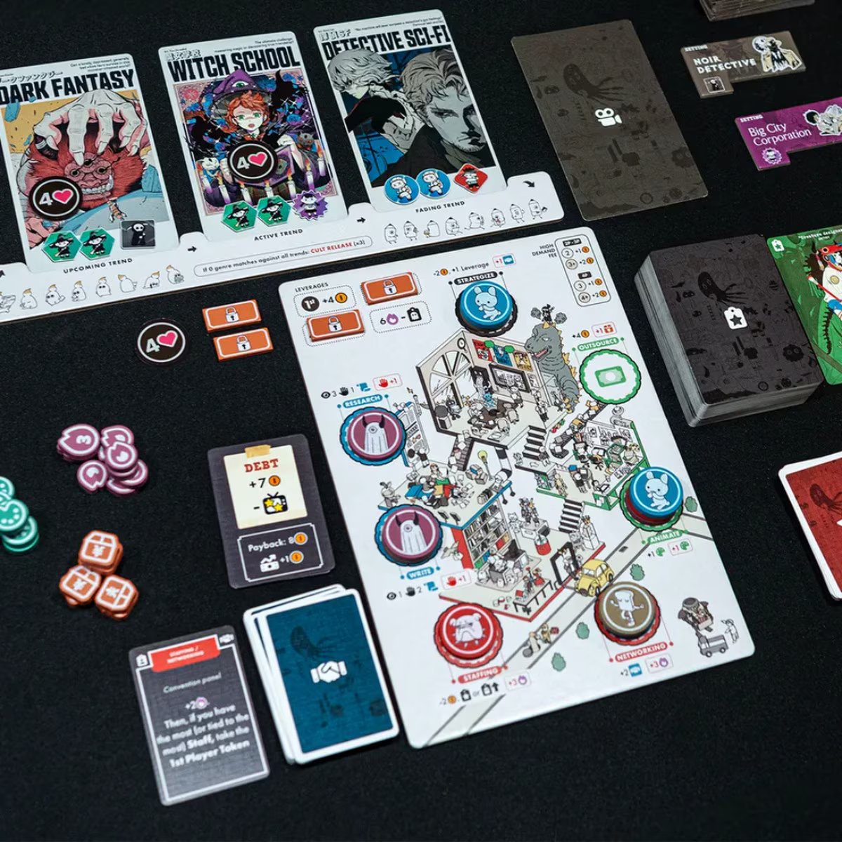 JISOGI Anime Studio Tycoon gameplay setup with studio board, staff cards, trend cards, tokens and resources