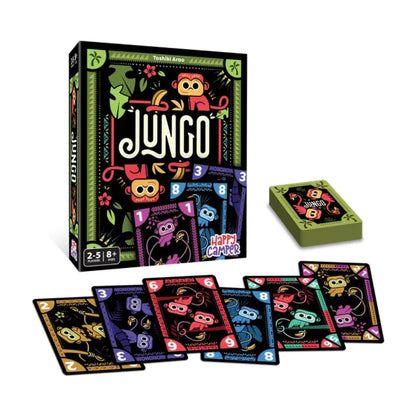 Jungo card game box displayed with colourful numbered cards and a face-down deck