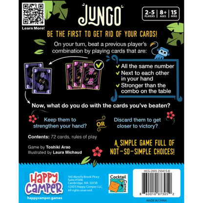 Jungo card game box back explaining adjacent combinations, stronger plays and the choice to keep or discard beaten cards