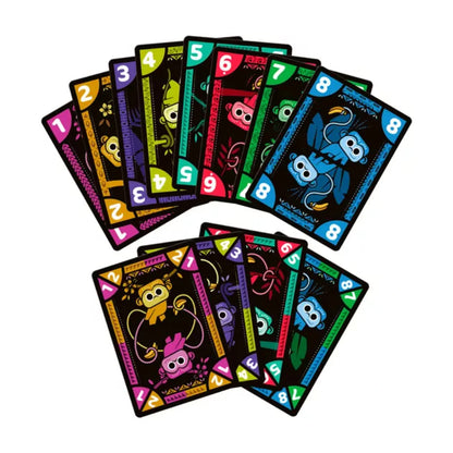 Jungo numbered playing cards arranged in colourful combinations from one to eight