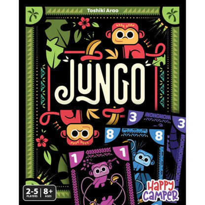 Jungo quick-play card game box front featuring colourful monkey artwork and numbered cards