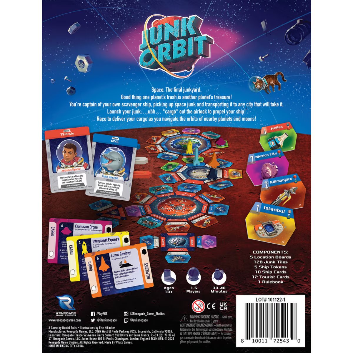 Junk Orbit board game box back showing the space delivery gameplay and components