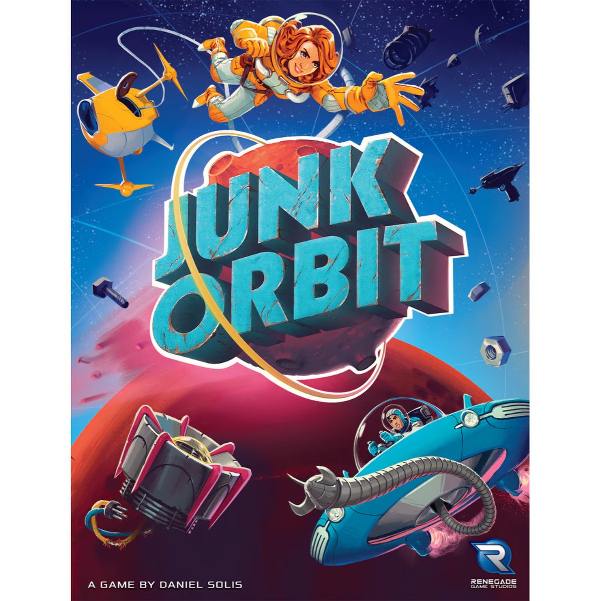 Junk Orbit board game box front featuring a space scavenger and ships in orbit