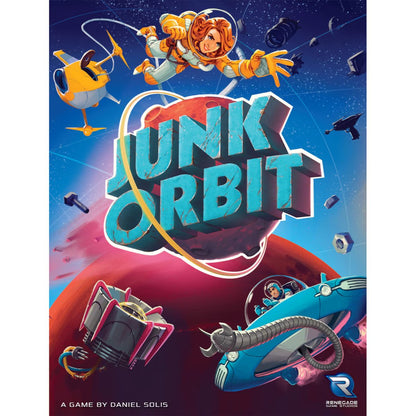 Junk Orbit board game box front featuring a space scavenger and ships in orbit