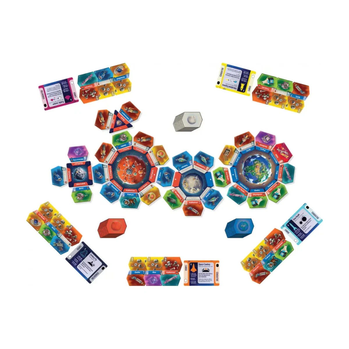 Junk Orbit connected planetary location boards surrounded by colourful junk tiles