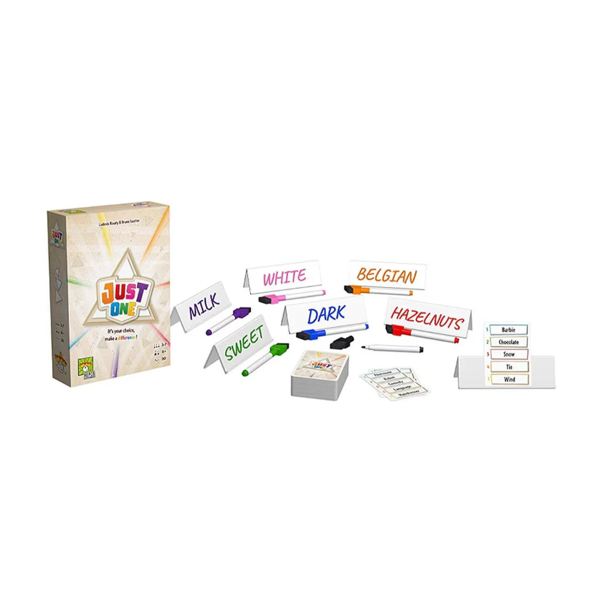 Just One White Box Edition game components with clue easels, erasable markers, cards and word examples