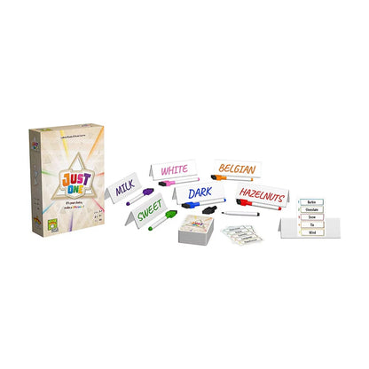 Just One White Box Edition game components with clue easels, erasable markers, cards and word examples