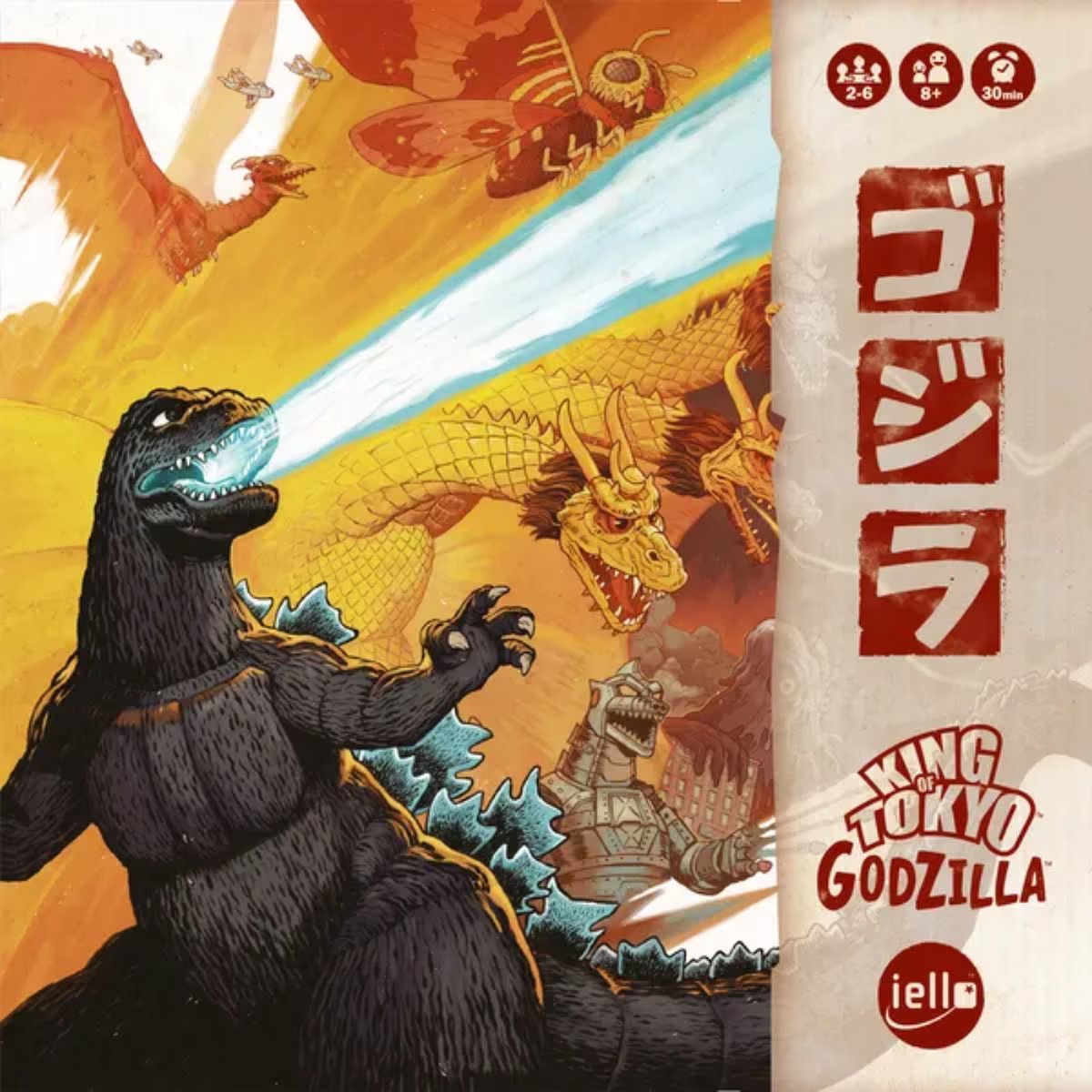 King of Tokyo Godzilla board game front artwork featuring Godzilla, King Ghidorah and Mothra