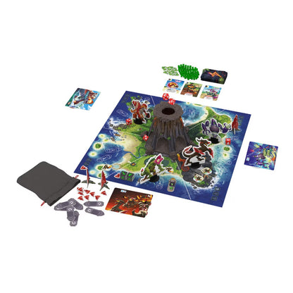 King of Monster Island board game components and volcano setup