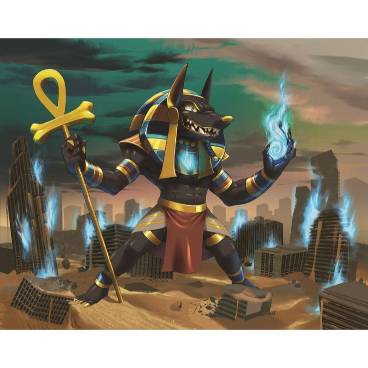 King of Tokyo Anubis expansion artwork showing Anubis rising over a damaged city for the Monster Pack series