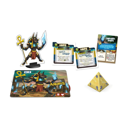King of Tokyo Anubis Monster Pack components with Anubis standee, monster board, Evolution cards, Curse cards and Die of Fate