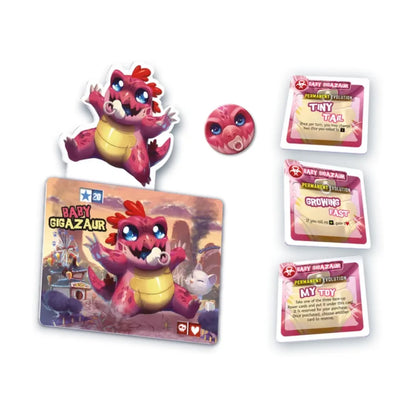 King of Tokyo Baby Gigazaur expansion components with monster board, cardboard figure, counter and Evolution cards