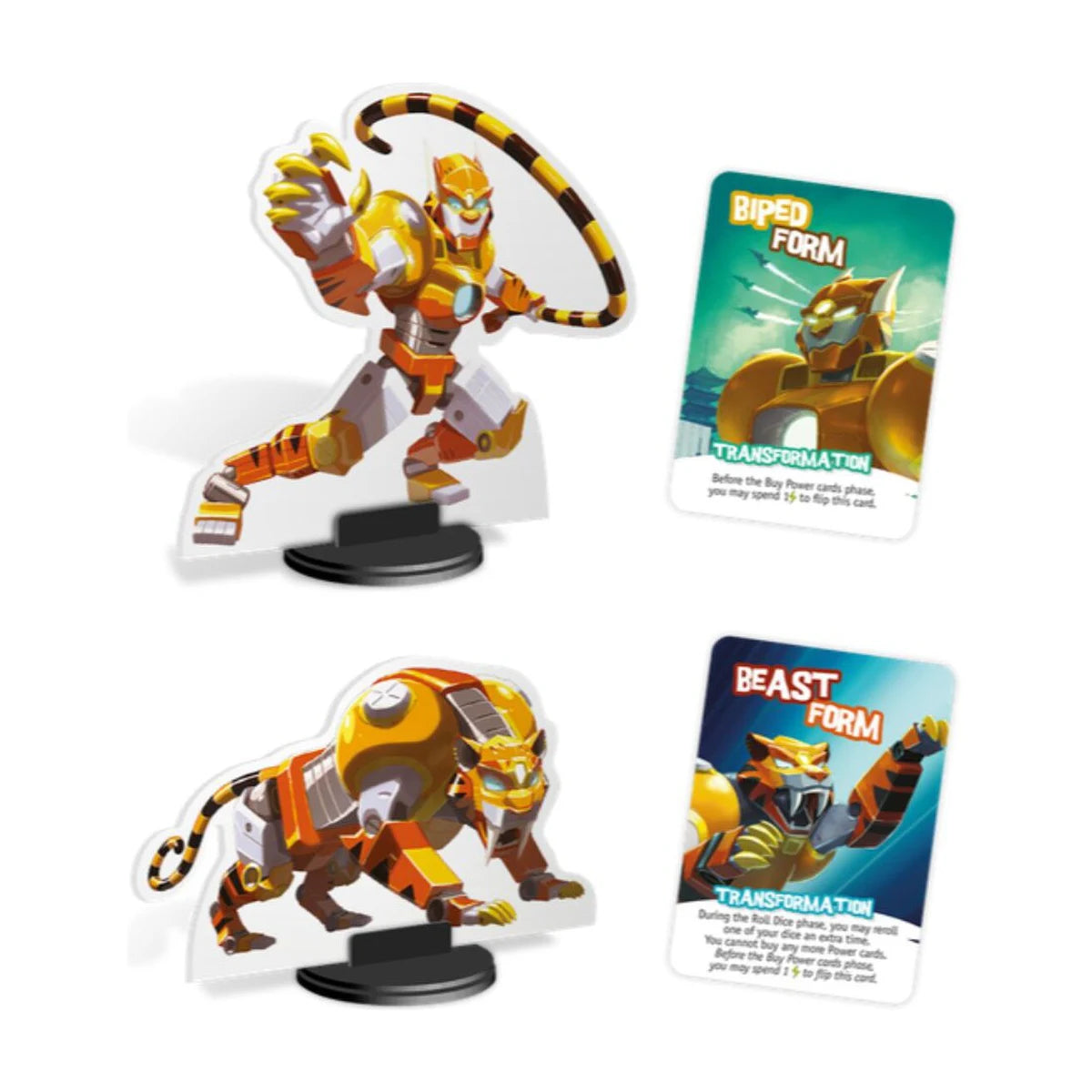 King of Tokyo Cybertooth Monster Pack components with Cybertooth figures, Beast Form card, Biped Form card and Berserk die content