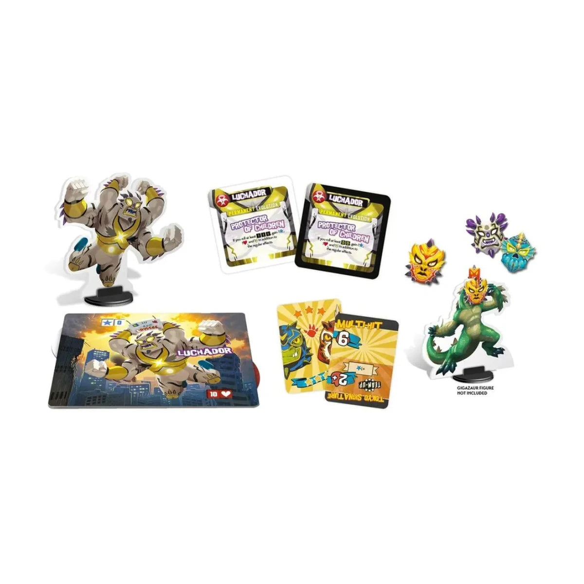 King of Tokyo Luchador Monster Pack components with Luchador standee, monster board,