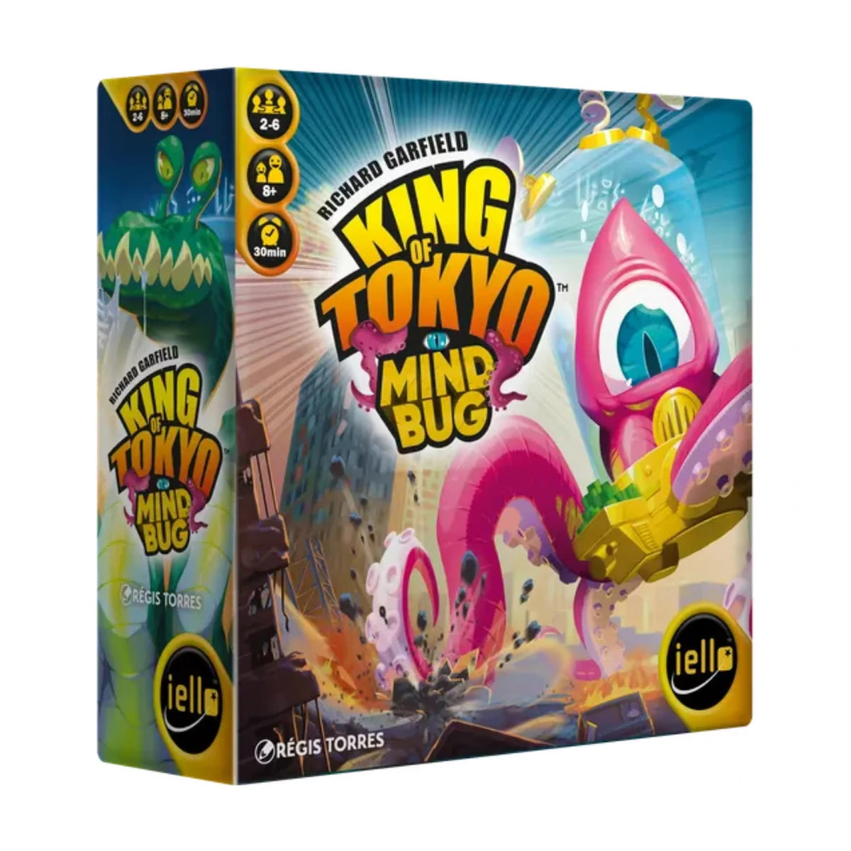 King of Tokyo Mindbug expansion box front showing the official IELLO expansion for the King of Tokyo monster dice game