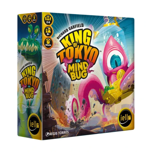 King of Tokyo Mindbug expansion box front showing the official IELLO expansion for the King of Tokyo monster dice game