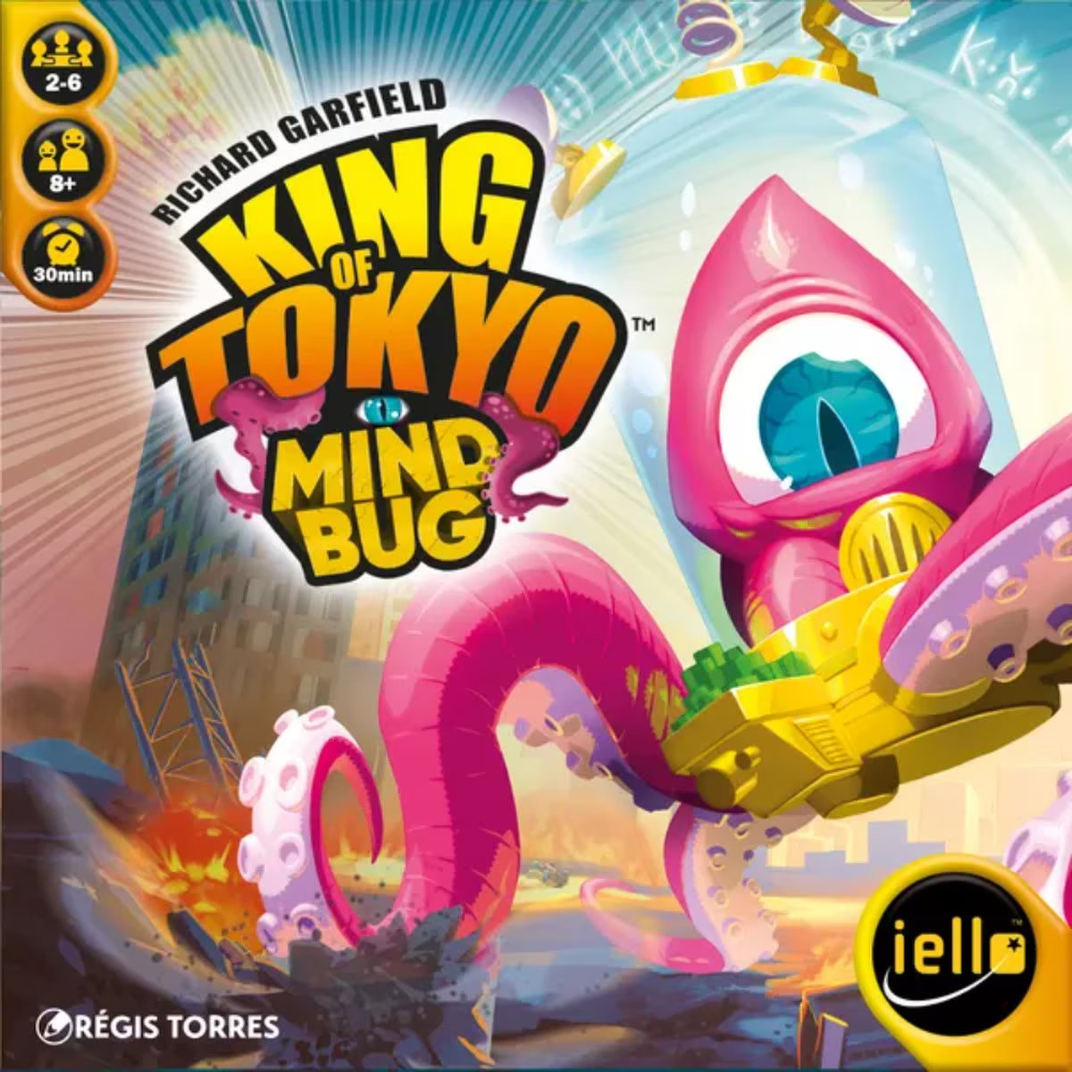 King of Tokyo Mindbug expansion cover art with alien monster artwork and Mindbug theme for the King of Tokyo board game
