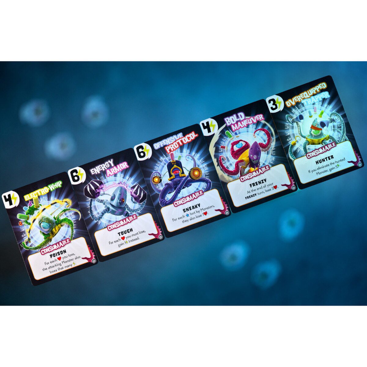 ing of Tokyo Mindbug expansion Power cards close-up showing Consumable cards for the monster dice game