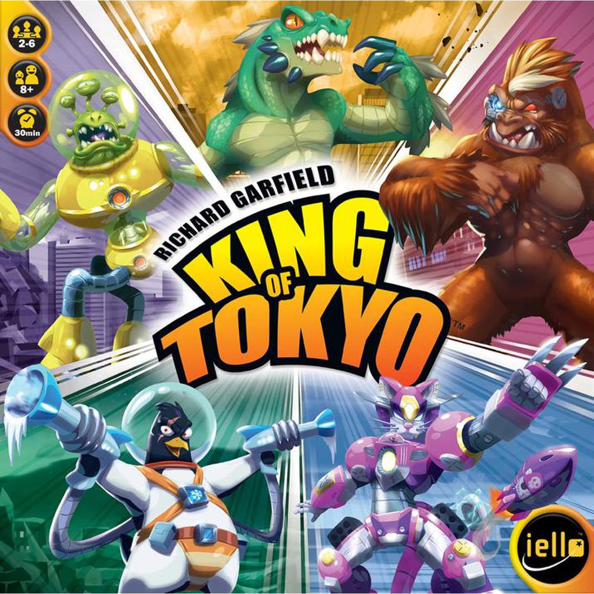 King of Tokyo monster dice game cover art with giant creatures, robots and aliens battling for control of Tokyo