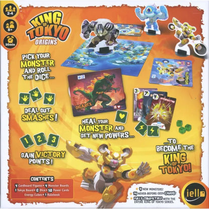 King of Tokyo Origins board game back of box showing gameplay and contents