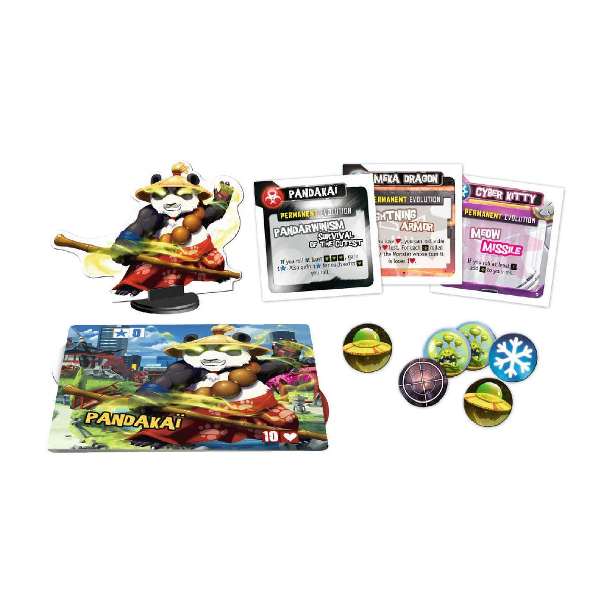 King of Tokyo Power Up expansion components with Pandakaï standee, monster board, Evolution cards and tokens