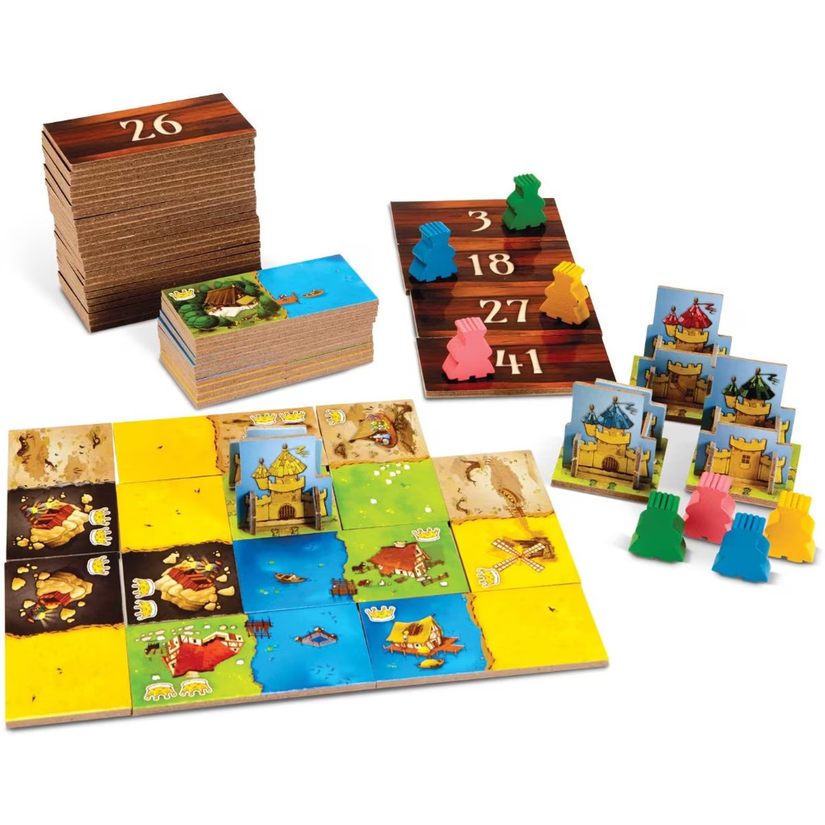 Kingdomino board game setup with tiles castles and player pieces