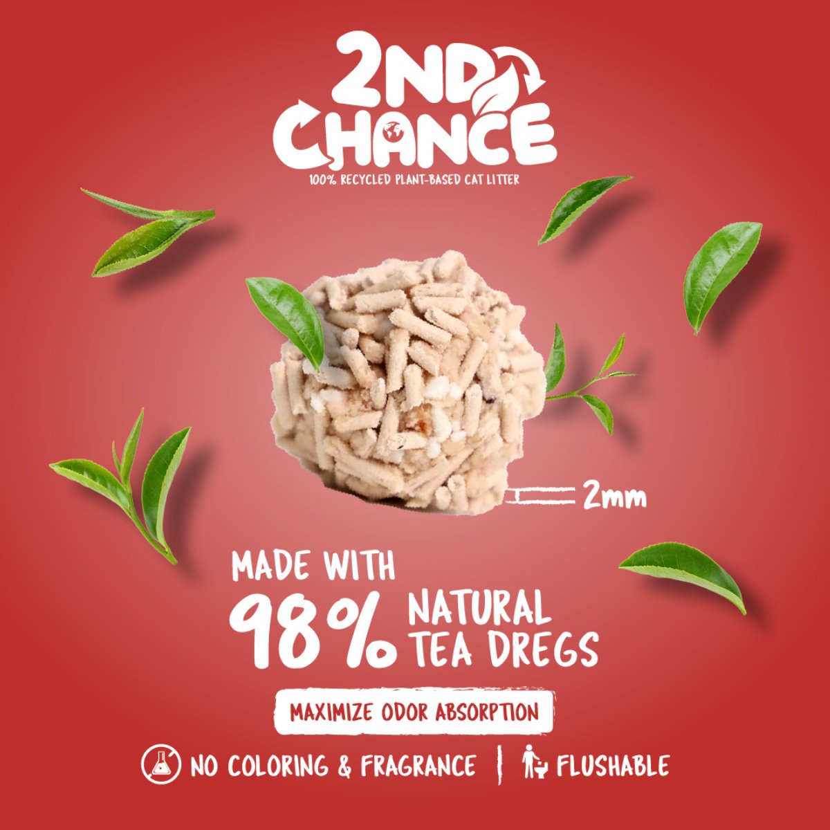 Kit Cat 2nd Chance Black Tea litter graphic highlighting 98% natural tea dregs and 2 mm granules