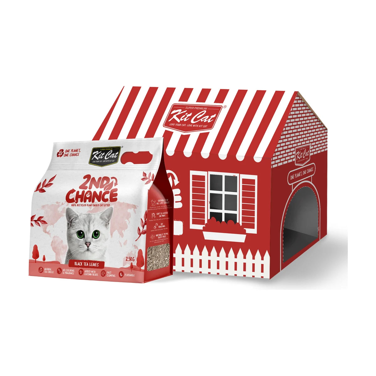 Kit Cat 2nd Chance Black Tea plant-based cat litter 6 × 2.5 kg bulk pack, showing a 2.5 kg bag and red house-shaped carton, total 15 kg.