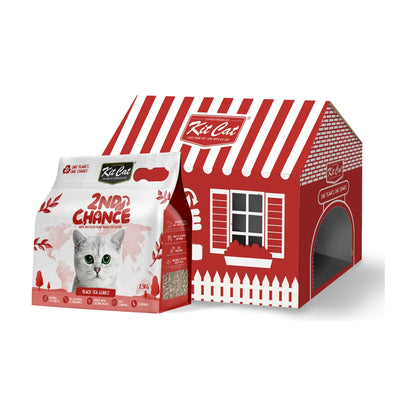 Kit Cat 2nd Chance Black Tea plant-based cat litter 6 × 2.5 kg bulk pack, showing a 2.5 kg bag and red house-shaped carton, total 15 kg.