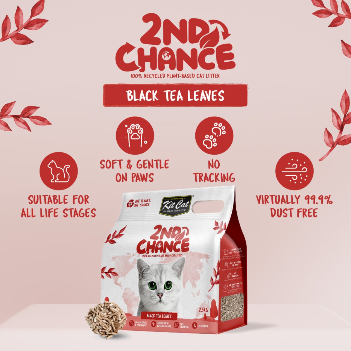 Kit Cat 2nd Chance Black Tea cat litter benefits showing gentle paws, low tracking and virtually 99.9% dust-free performance