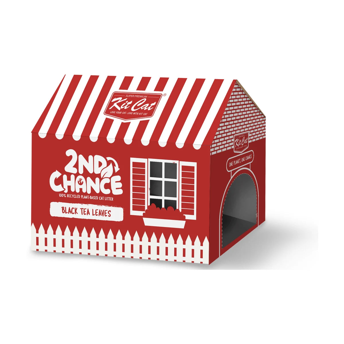Red and white house-shaped Kit Cat 2nd Chance Black Tea plant-based cat litter bulk carton with striped roof and Black Tea Leaves branding.