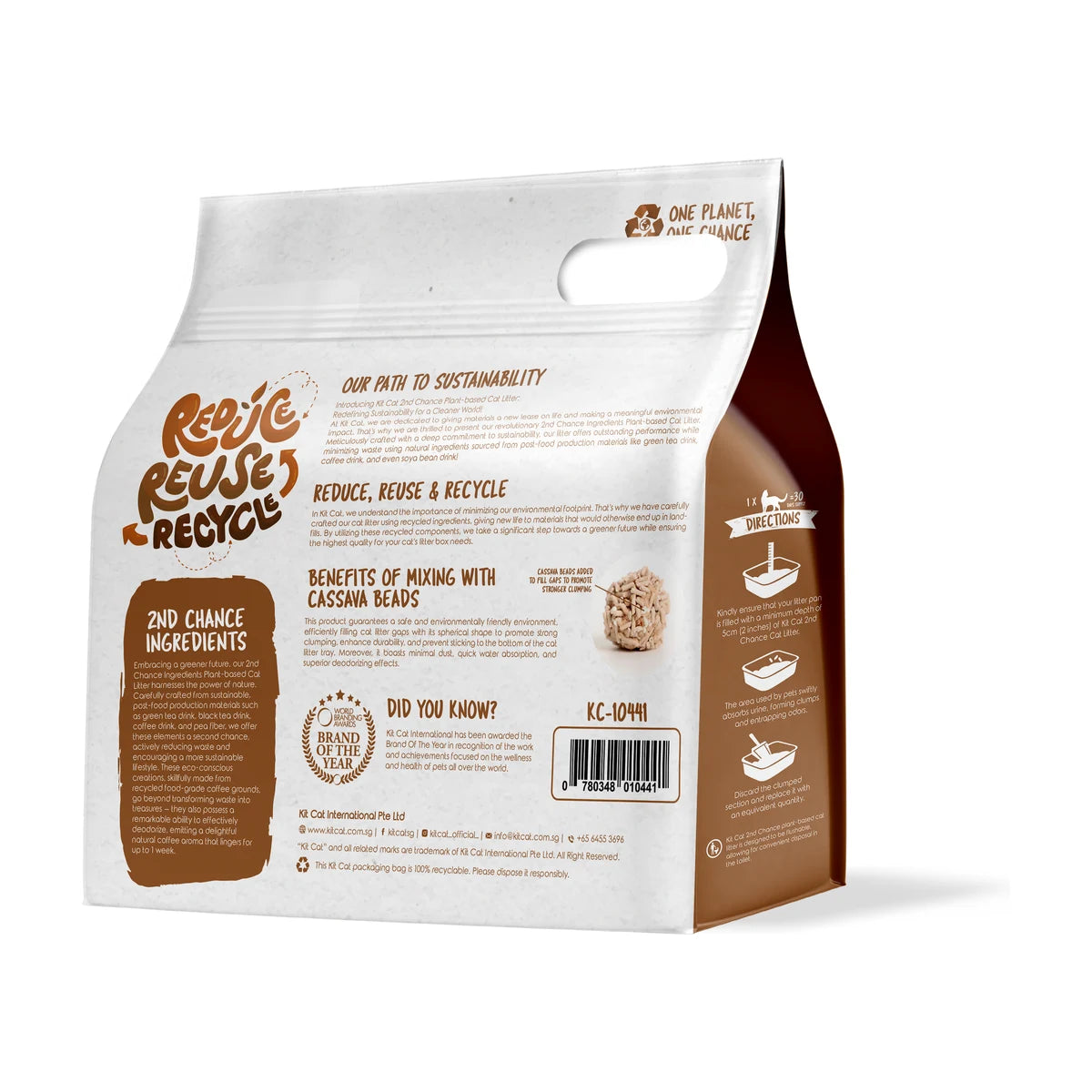 Back of the Kit Cat 2nd Chance Coffee Beans cat litter 2.5 kg bag showing product information and directions