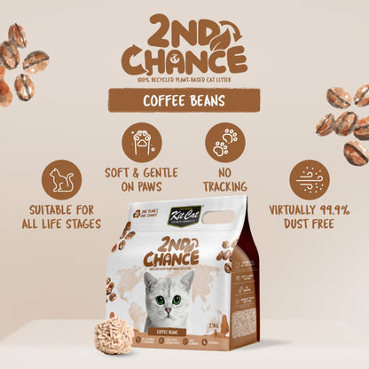 Kit Cat 2nd Chance Coffee Beans cat litter benefits showing gentle paws, low tracking and virtually 99.9% dust-free performance