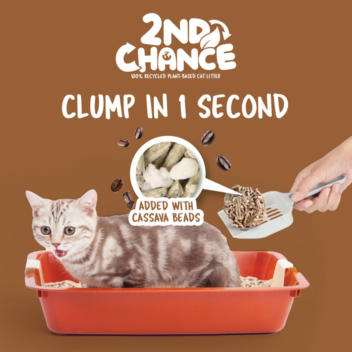 Kit Cat 2nd Chance Coffee Beans litter graphic showing one-second clumping and added cassava beads