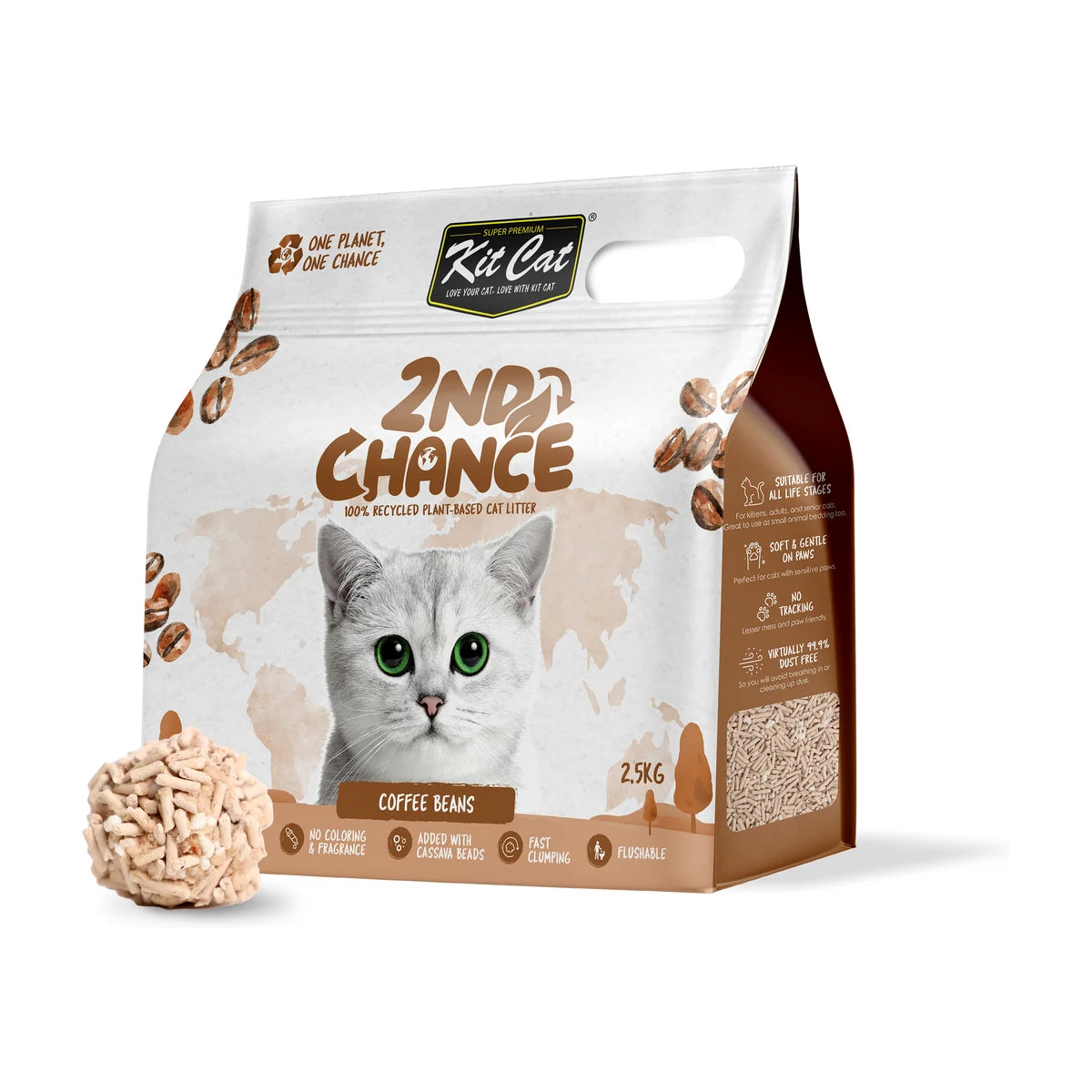 Kit Cat 2nd Chance Coffee Beans cat litter bag displayed with a clump of the plant-based litter