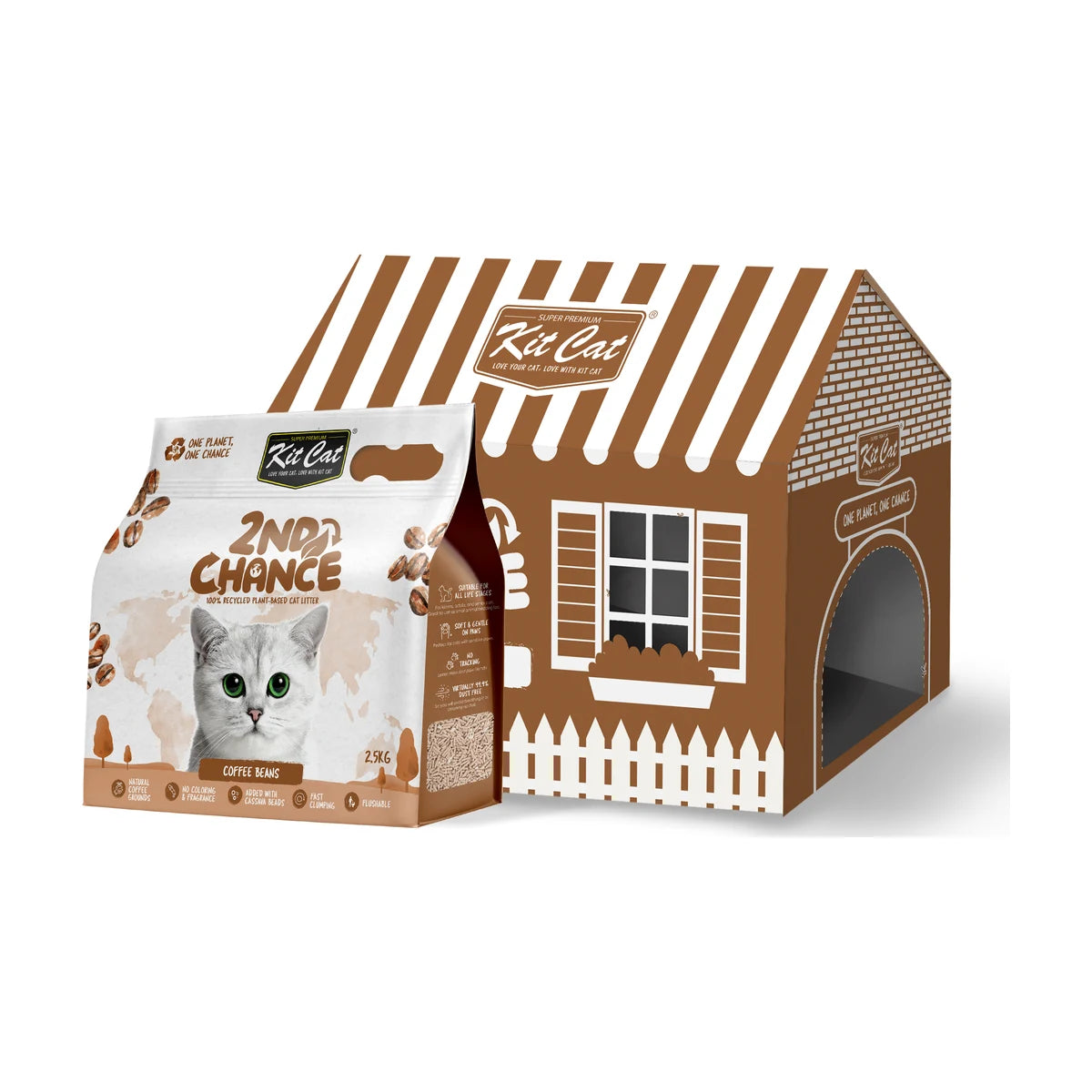 Kit Cat 2nd Chance Coffee Beans Plant-Based Cat Litter 6 x 2.5kg bulk pack showing the brown house-shaped carton and individual coffee beans litter bag.