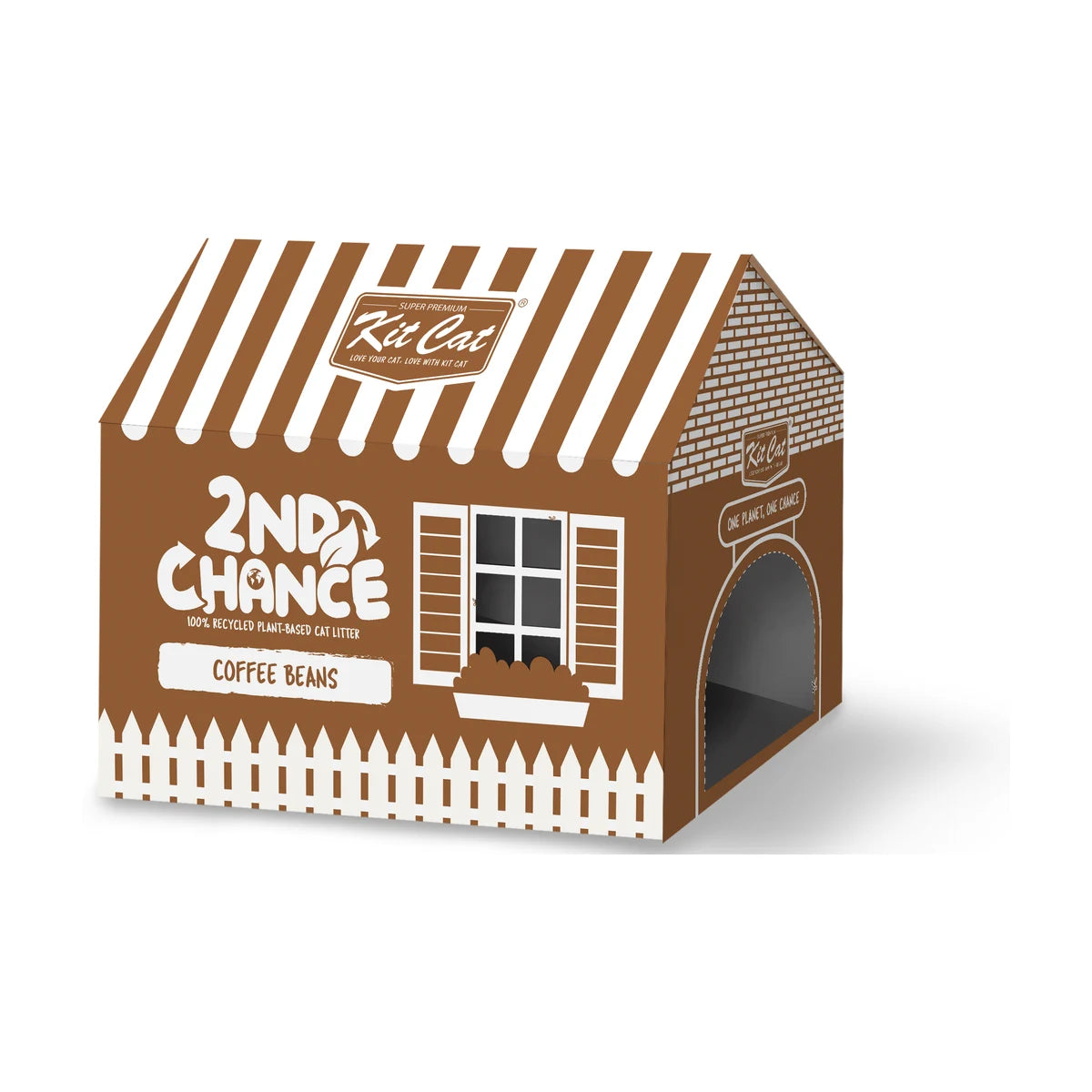 Kit Cat 2nd Chance Coffee Beans Plant-Based Cat Litter bulk carton in brown house-shaped packaging containing six 2.5kg bags of recycled clumping cat litter.