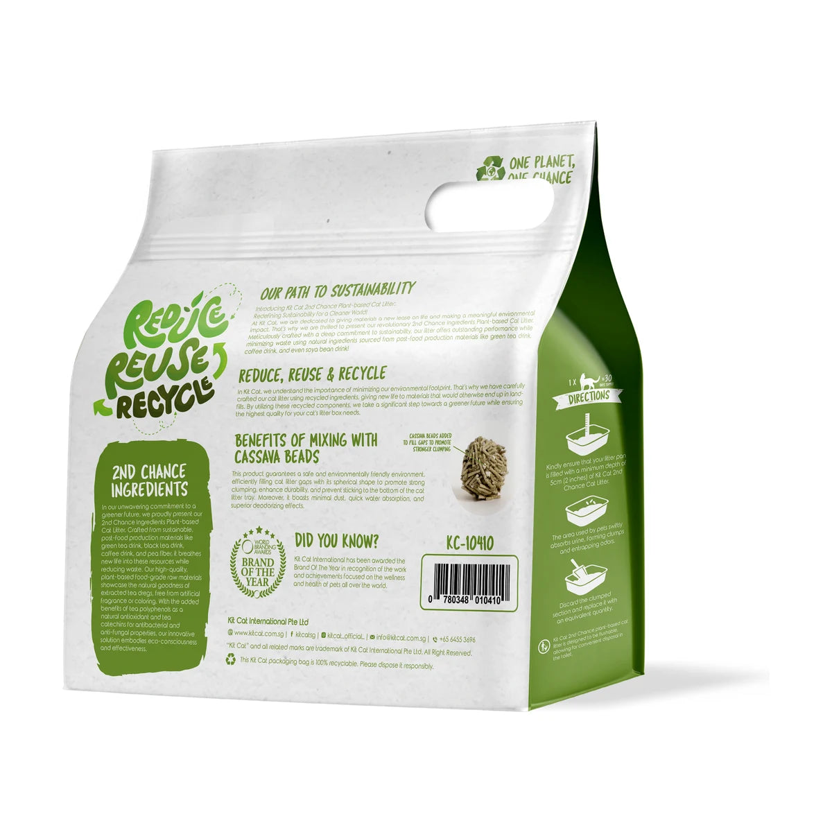 Back of the Kit Cat 2nd Chance Green Tea cat litter 2.5 kg bag showing product information and directions