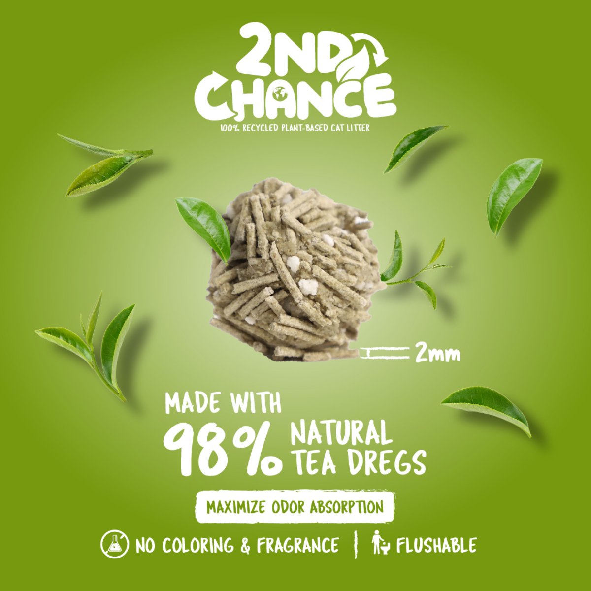 Kit Cat 2nd Chance Green Tea litter clump made with 98% natural tea dregs and showing the 2 mm granule size