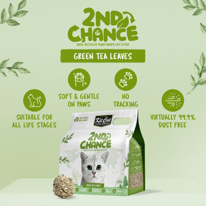 Kit Cat 2nd Chance Green Tea cat litter benefits showing gentle paws, low tracking and virtually 99.9% dust-free performance