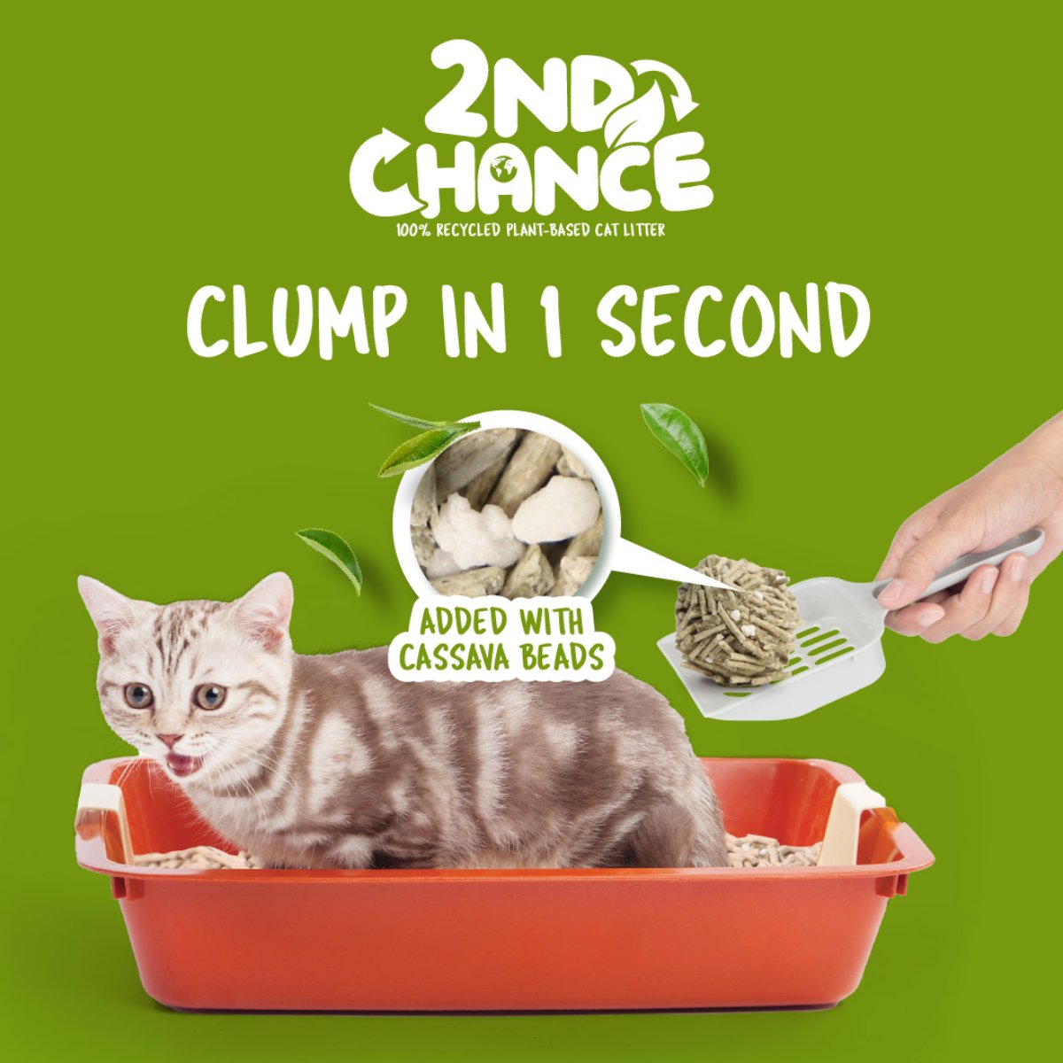 Kit Cat 2nd Chance Green Tea litter graphic showing one-second clumping and added cassava beads