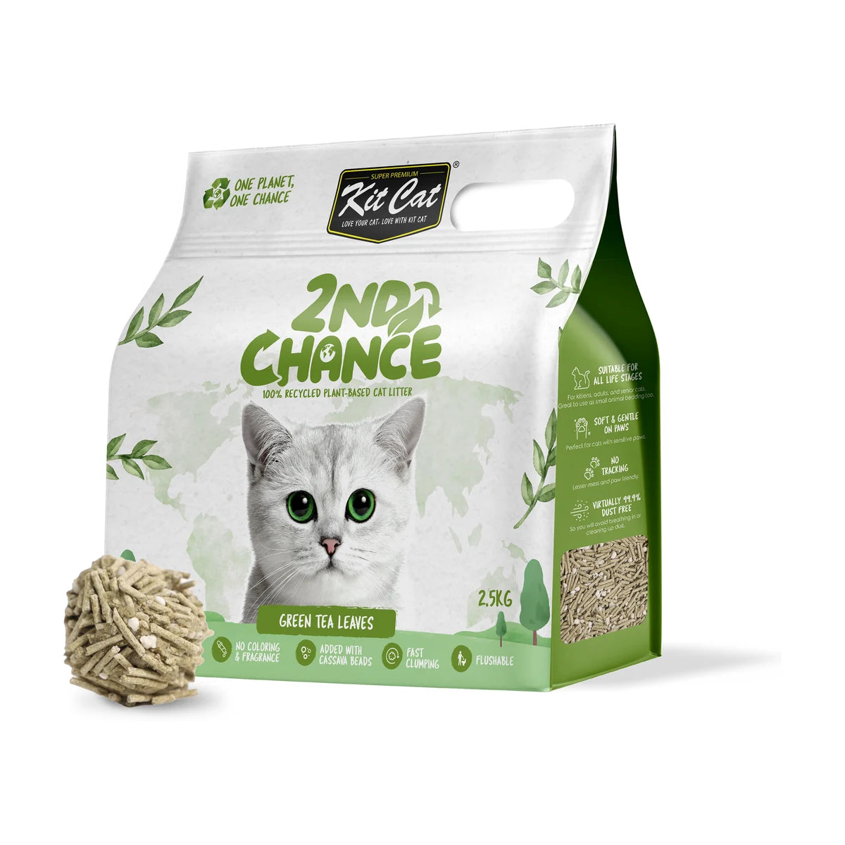 Kit Cat 2nd Chance Green Tea cat litter bag displayed with a clump of the plant-based litter