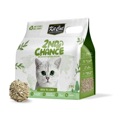 Kit Cat 2nd Chance Green Tea cat litter bag displayed with a clump of the plant-based litter