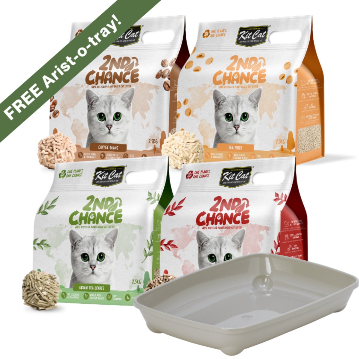 Kit Cat 2nd Chance Green Tea Cat Litter 2.5 kg with free Moderna Arist-O-Tray Small Warm Grey