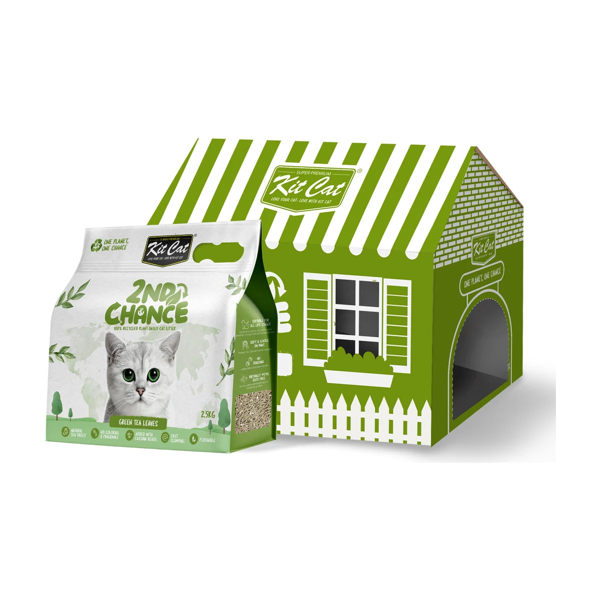 Kit Cat 2nd Chance Green Tea Plant-Based Cat Litter 6 × 2.5 kg bulk pack, showing green tea litter bag and matching green carton, with fast-clumping recycled plant-based formula.