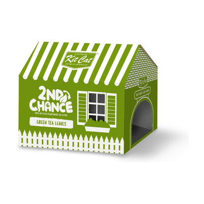 Kit Cat 2nd Chance Green Tea Plant-Based Cat Litter 6 × 2.5 kg bulk carton, showing green-and-white house-shaped packaging for recycled plant-based clumping cat litter.