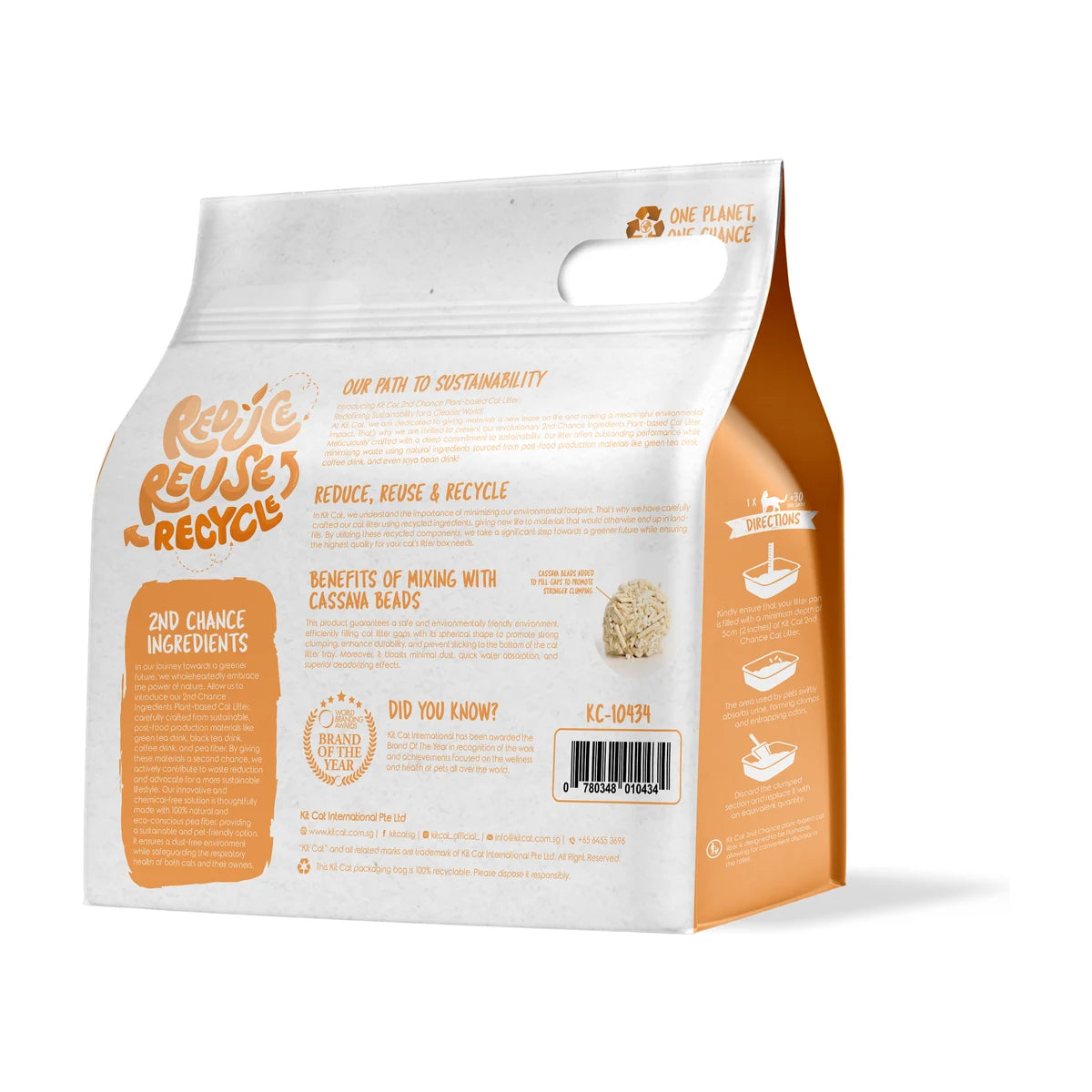 Back of the Kit Cat 2nd Chance Pea Fiber cat litter 2.5 kg bag showing product information and directions