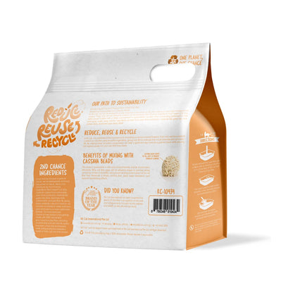 Back of the Kit Cat 2nd Chance Pea Fiber cat litter 2.5 kg bag showing product information and directions