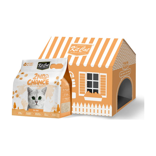 Kit Cat 2nd Chance Pea Fiber Plant-Based Cat Litter 6 x 2.5 kg bulk pack showing the orange house-shaped carton and individual pea fiber litter bag.